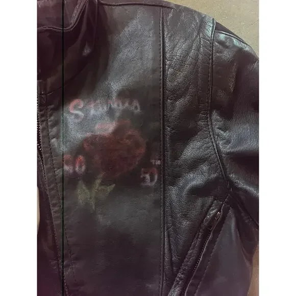 Vintage Leather jacketsnatched corset waste, airbrush Rose Sturgis 50th 1990